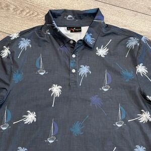 Yatta Golf Polo Shirt Men Large Blue Sail Boat Palm Tree All Over Pattern Preppy